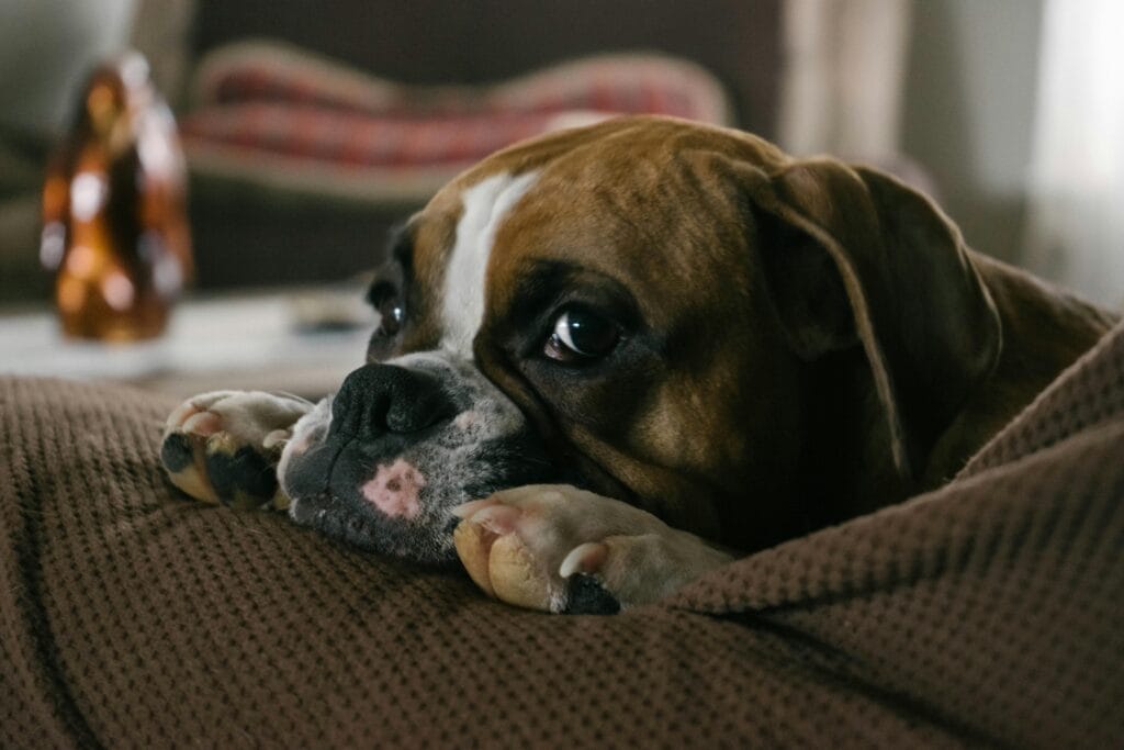 A cute Boxer dog resting on a cozy sofa indoors, looking relaxed and content.