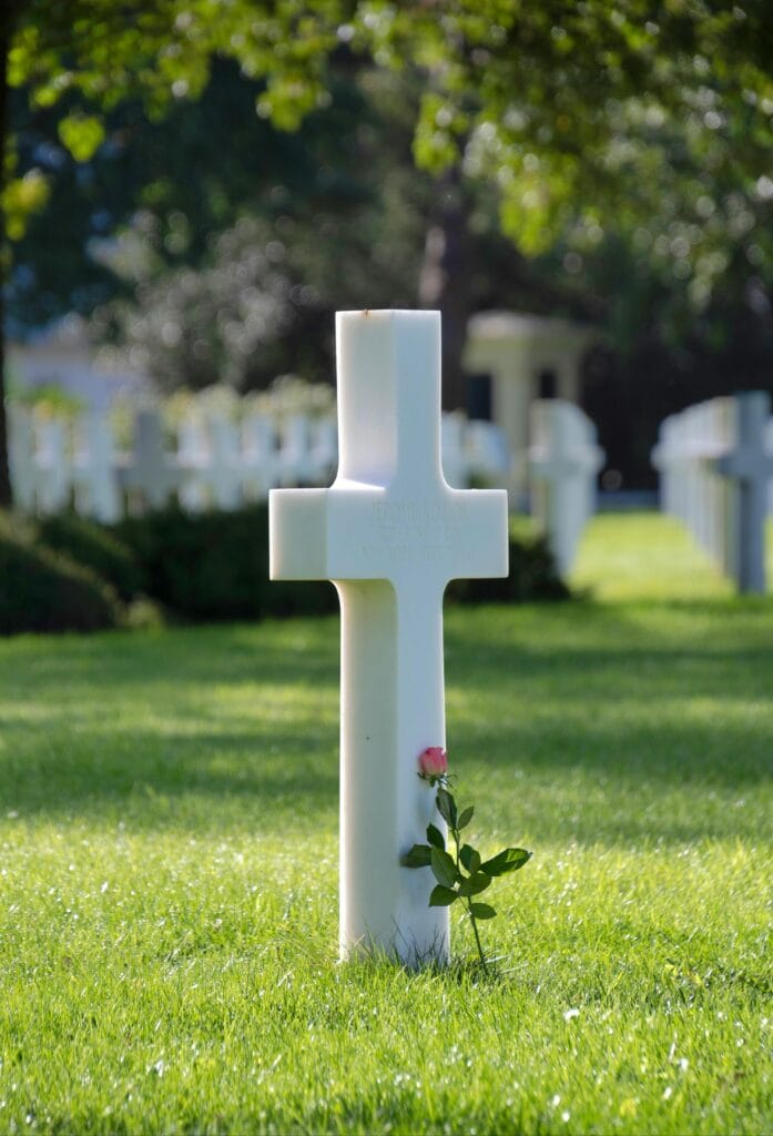 Solemn white cross with a rose at Normandy Cemetery in France, capturing a peaceful tribute.