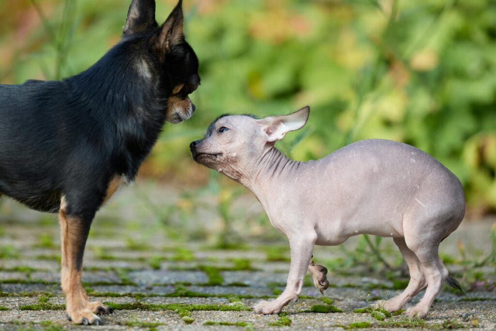 Adorable encounter between a Chihuahua and a Xoloitzcuintli puppy on a mossy path.