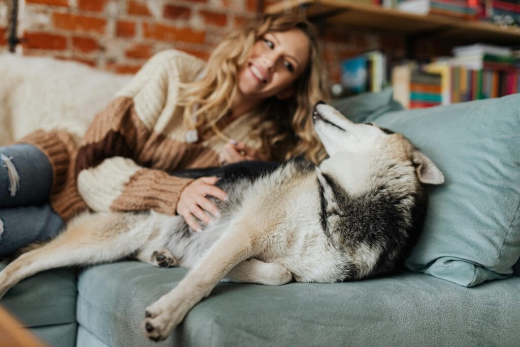 Woman lying on a couch indoors with a Husky dog, enjoying a cozy and relaxed moment.