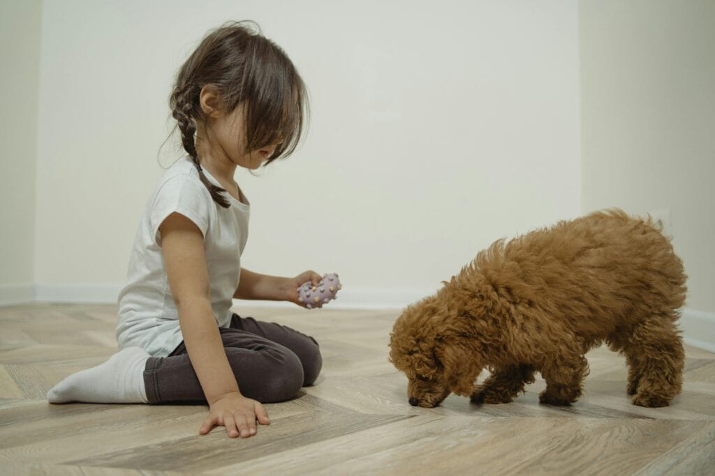 A young girl sits on the floor with her fluffy puppy in a bright room.