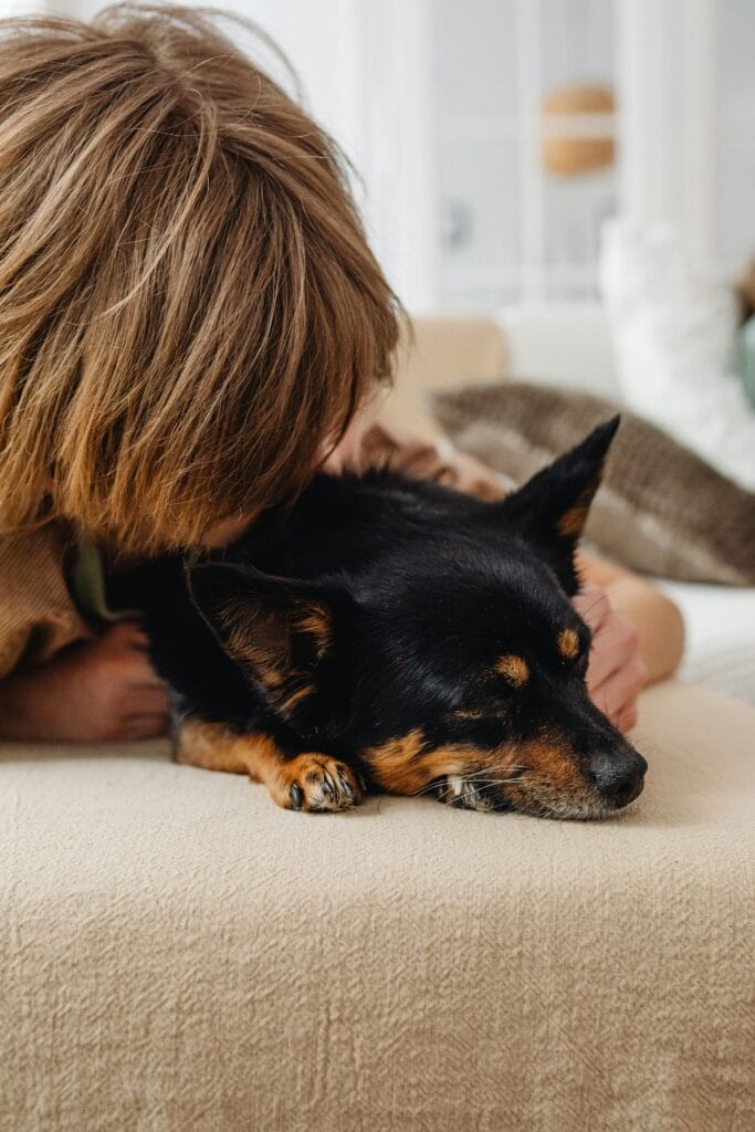 A child lovingly cuddles a sleeping dog on a cozy couch indoors.